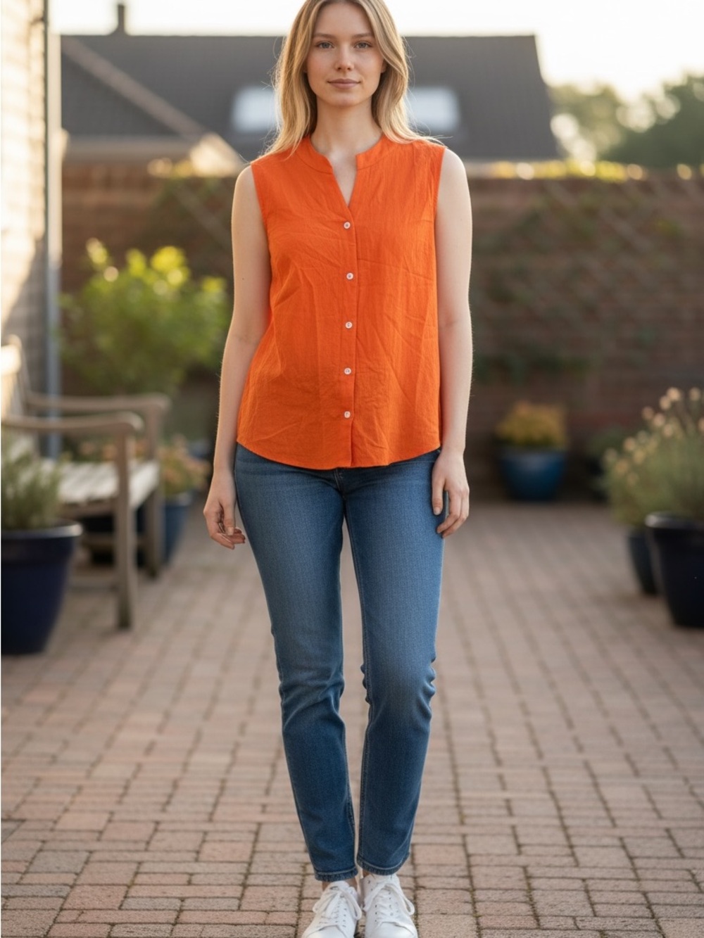 Amazon Essentials Orange Sleeveless Button V-Neck Blouse NWOT